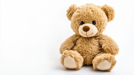 Fototapeta premium A cute plush toy bear sits on a clean white background, ideal for enhancing children's room decor. Perfect for gifts, cuddles, and playful moments.