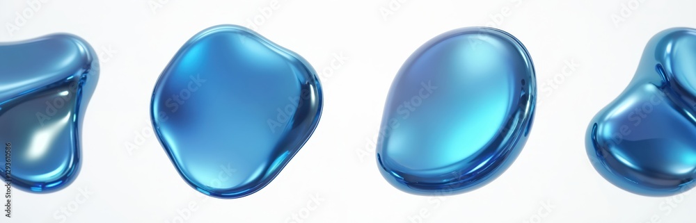 Poster abstract blue chrome iridescent blobs isolated on white. smooth liquid forms create futuristic backg