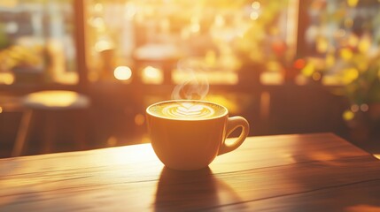 Fototapeta premium White coffee cup on a wooden table in the cafe, morning sunlight