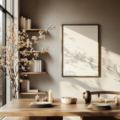 A table with a vase of flowers, candles, and a bowl of fruit. A white framed picture hangs on the wall