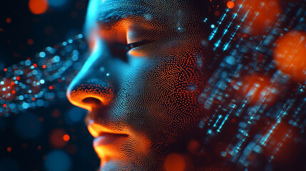 Abstract digital face portrait with vivid orange and blue hues art data glow dark light style image