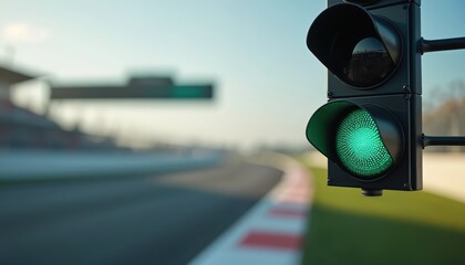 Green traffic light signals start of race on racetrack with blurred background. Motorsports competition, car event. Automotive industry photo. Drive fast, adrenaline, race driving, car racing