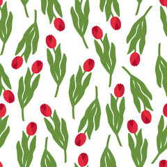 Seamless spring floral pattern red tulips on white background for packaging, paper and fabric design