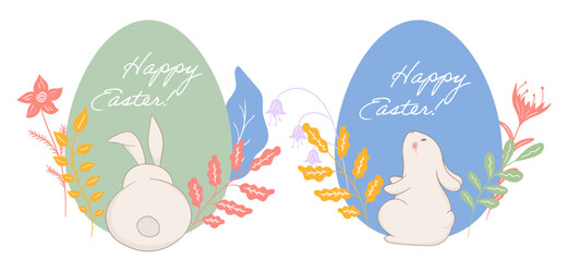 Easter set. Back-facing bunny, green egg, floral composition, delicate botanical elements, soft pastel hues, seasonal greeting, nature-inspired holiday theme, elegant festive design