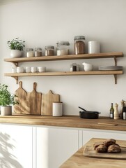 A rustic kitchen with shelves jars and plants