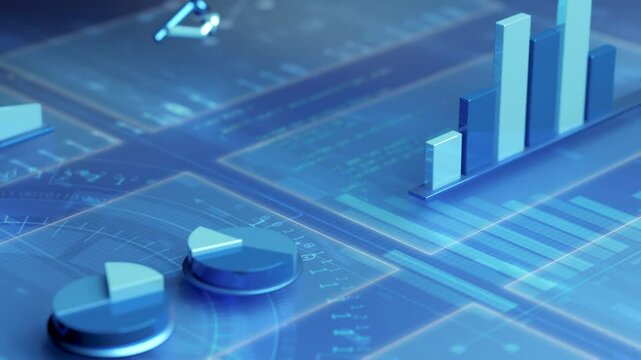 Metallic three-dimensional charts and graphs floating on electronic platform with glowing gridlines showing dynamic financial market trends and infographics. 4K resolution.