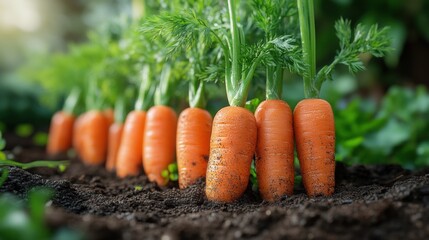 Carrots grow in garden, showcasing vibrant orange tops and lush green leaves among rich soil and blurred background plants