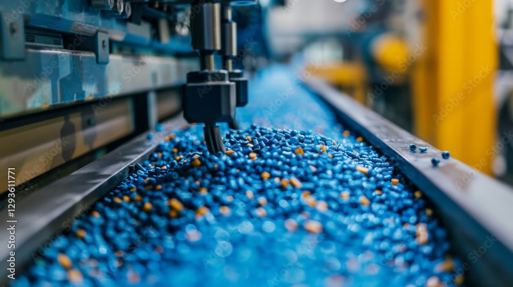 Poster capsules in various colors are being transported on a conveyor belt in a pharmaceutical production a