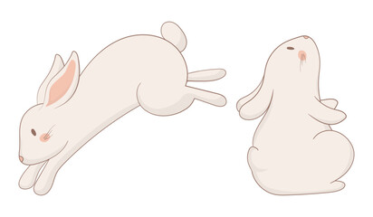 Jumping and sitting bunny icon. One rabbit leaping energetically while the other sits with a curious expression. Soft pastel illustration representing activity and relaxation