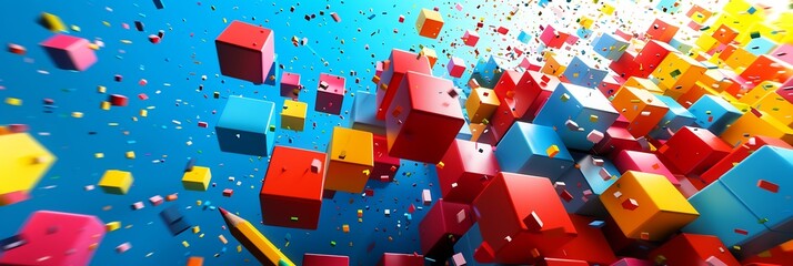 Dynamic isometric 3D blocks spelling welcome messages surrounded flying pencils erasers textbooks symbolizing excitement for the new school year leaving space for design