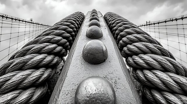 Fototapeta Suspension bridge cables, urban landscape, New York City, architectural detail, travel photography