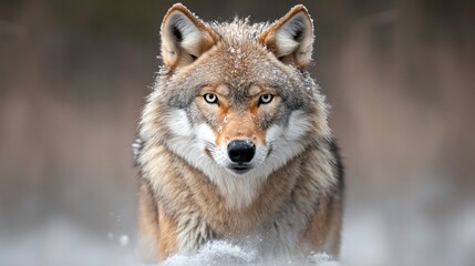 Obraz premium Majestic wolf stands in snowy landscape, fur glistening in soft