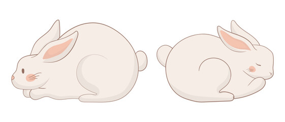 Two resting bunny icon. One rabbit is curled up sleeping, while the other lies down with open eyes. A minimalist animal illustration symbolizing tranquility and comfort