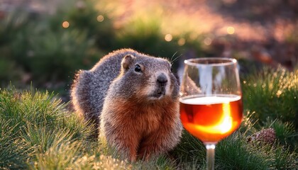 Playful Groundhog Sipping Aperol Amidst Park Festivities as a Squirrel Scampers By on a Lively Friday Evening, Evoking a Whimsical and Vibrant Mood.