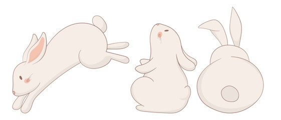 Jumping, sitting, and back-view bunny icon. One rabbit is mid-leap, another sits upright, and the third is shown from behind. A harmonious and minimalist animal illustration