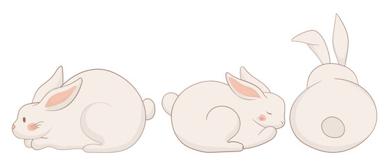 Resting, sleeping, and back-view bunny icon. One rabbit lies down, another is curled up asleep, and the third is viewed from behind. A soft and minimalist animal illustration
