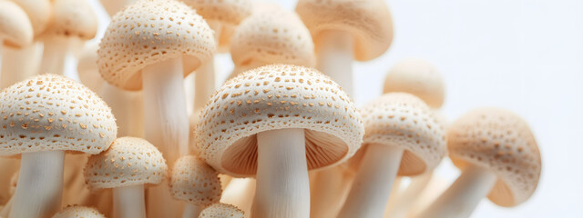 Mushrooms growing on a white background, close-up of mushrooms
