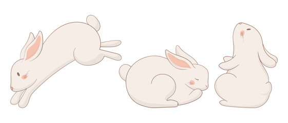 Jumping, sleeping, and sitting bunny icon. One rabbit leaps energetically, another is curled up asleep, and the third sits upright. A charming and balanced animal illustration