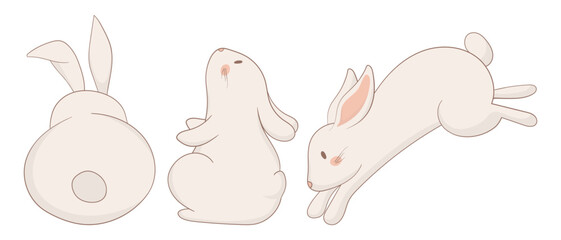 Back-view, sleeping, and jumping bunny icon. One rabbit is shown from behind, another is curled up asleep, and the third is leaping. A balanced and simple animal illustration