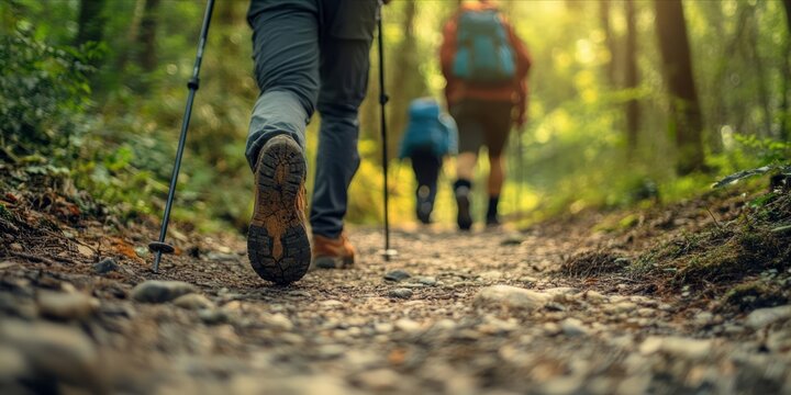Walking on Nature Trail with Walking Stick, focus on feet.