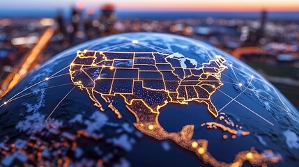 USA network connections, cityscape background, global communication