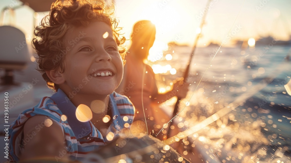 Poster two children are fishing from a boat as the sun sets, creating a warm glow. one child is smiling bro