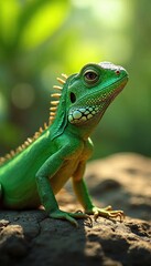 Fototapeta premium Emerald Green Lizard Basking in Sunlight