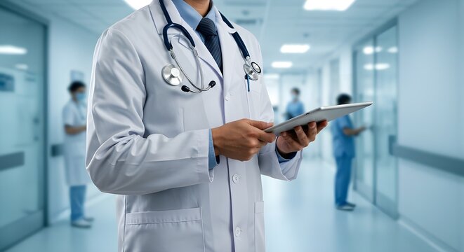 Salud y medicina. Medicina y tecnolog&iacute;a. Doctor trabajando en tableta digital en el fondo del hospital