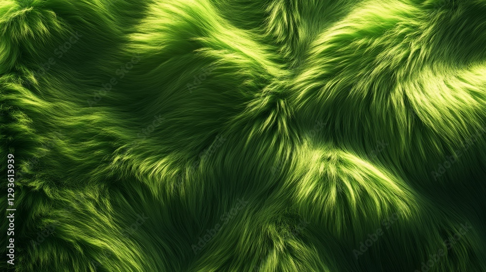 Poster Lush green fur texture in abstract pattern with light reflections, close-up view. Nature-inspired design and texture background concept
