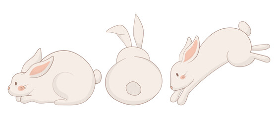 Sleeping, resting, and jumping bunny icon. One rabbit is curled up asleep, another lies down, and the third is mid-leap. A harmonious and adorable animal illustration