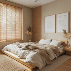 A minimalist bedroom features a bed with natural lighting and neutral tones