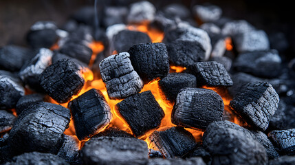 Glowing Embers: A close-up shot captures the mesmerizing dance of flames flickering amongst the dark, textured charcoal pieces. This image evokes the warmth and anticipation of a barbecue.