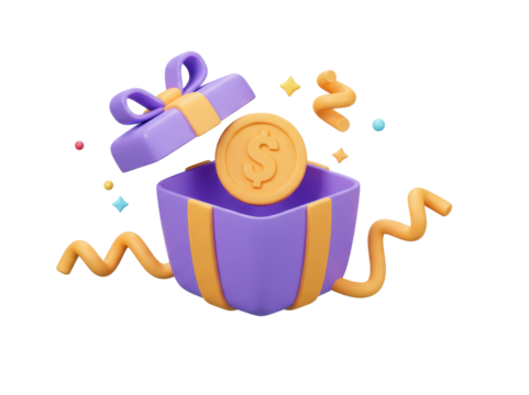 gifts box open 3d render. box with gold glossy ribbon isolated on white background. Holiday decoration presents. Realistic icon