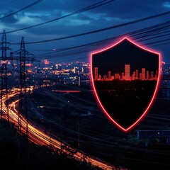 Naklejka premium A city skyline is framed by a glowing shield, symbolizing security and protection amidst a backdrop of power lines and urban lights.