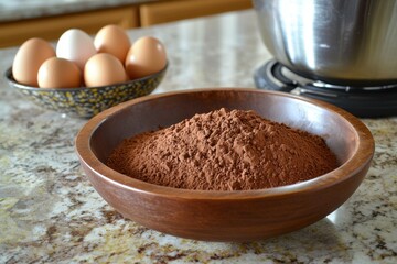 A countertop filled with ingredients for making a chocolate cake, including cocoa powder, sugar, butter, eggs, and mixing bowls