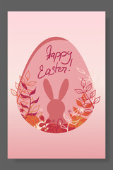 Easter card featuring a bunny silhouette within a pink egg, surrounded by floral details. A warm and sophisticated holiday-themed illustration