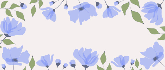 Floral background with delicate blue flowers and green leaves on a light backdrop. Elegant botanical frame design suitable for invitations, greeting cards, and decorative templates