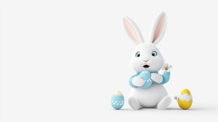 Obraz premium Cute White Bunny Celebrating Easter with Colorful Eggs and Joy