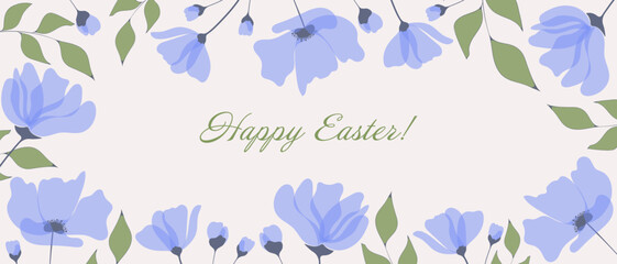 Easter card with a floral frame of blue flowers and leaves. Happy Easter is written in an elegant green script, blending with the nature-inspired theme