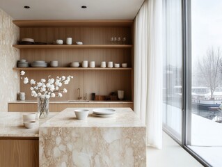 A kitchen with a white countertop and a window. A vase with flowers on the counter