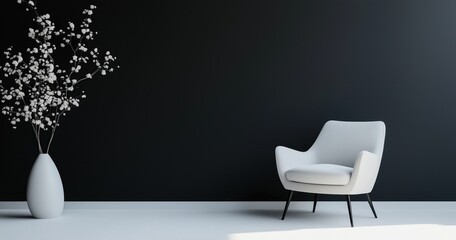 Mur noir avec sol blanc, fauteuil moderne et vase de fleurs. Concept de décoration intérieure minimaliste pour une maison, un bureau ou une chambre d'hôtel