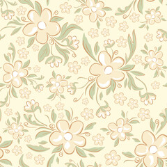 Obraz premium Vector illustration. Seamless Cottagecore pattern, delicate beige green flowers on light background. Floral pattern, field of flowers, vintage print for fabric, textile, wallpaper