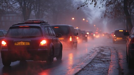 Rainy Evening Traffic Jam on City Street