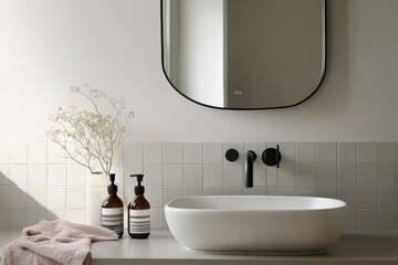 Fototapeta premium cozy interior, minimalism, gray background, bath flooded with light from the window
