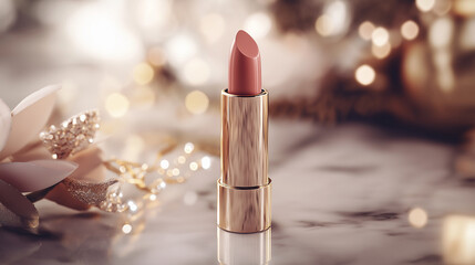 cosmetic product, such as a luxury lipstick, resting on a smooth marble surface with delicate gold accents around it. The lipstick has a rich, creamy texture and is captured with perfect detail.