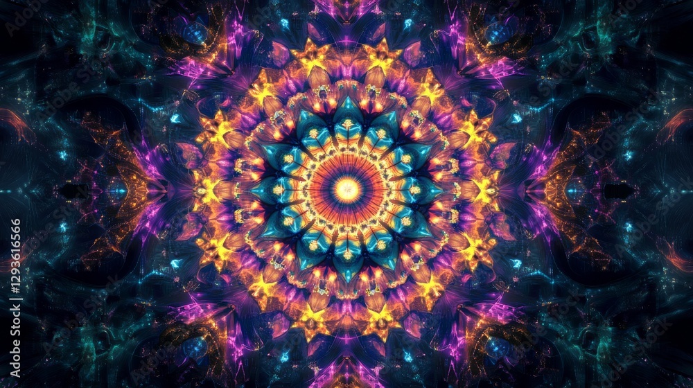 Poster colorful mandala with intricate patterns and vibrant colors forming a radial symmetry against a dark