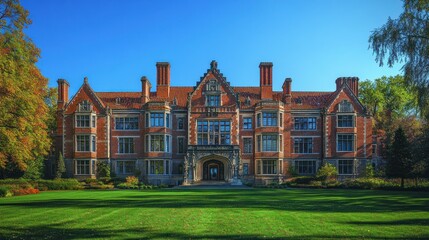 Autumn facade of historic brick mansion