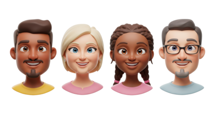 3D illustration of smiling people close up portraits set. Cute cartoon business men and women avatars, multi ethnic male and female characters faces, isolated on white
