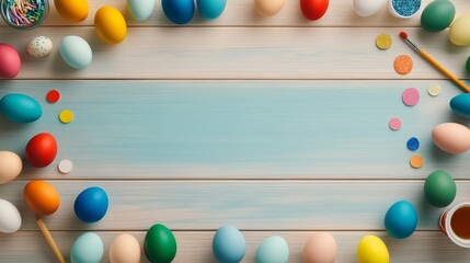 Obraz premium Colorful Easter Eggs and Craft Supplies on Wooden Background