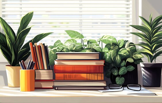Layered illustration of homework books colorful stationery motivational stickers scattered around workspace offering an inviting and motivational look at study life